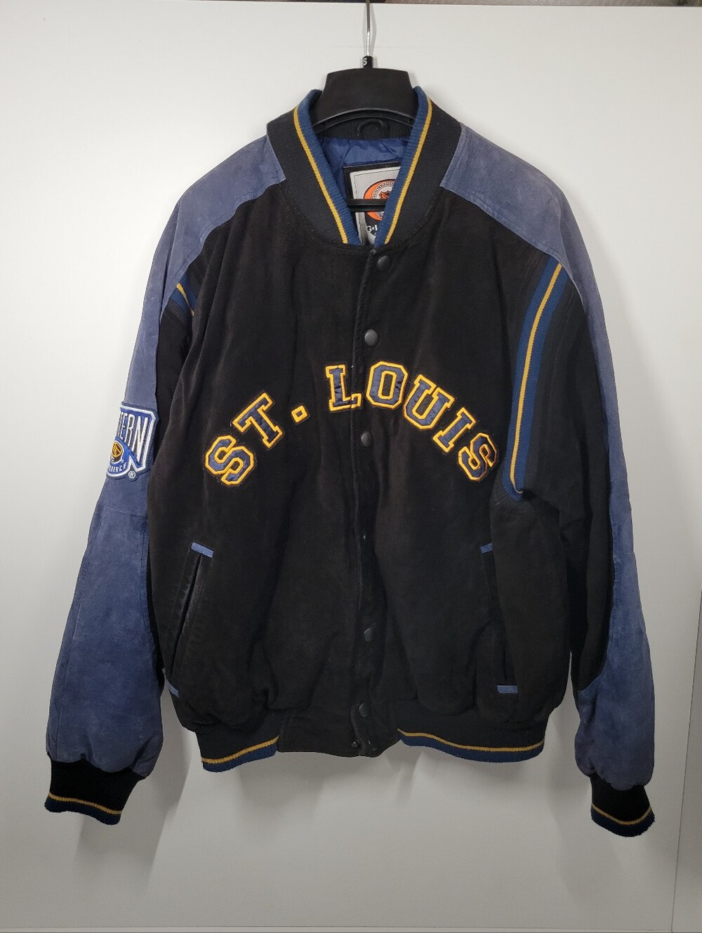 Vtg 90s NHL St. Louis Blues Suede Leather Embroidered Varsity Bomber Jacket Sz L